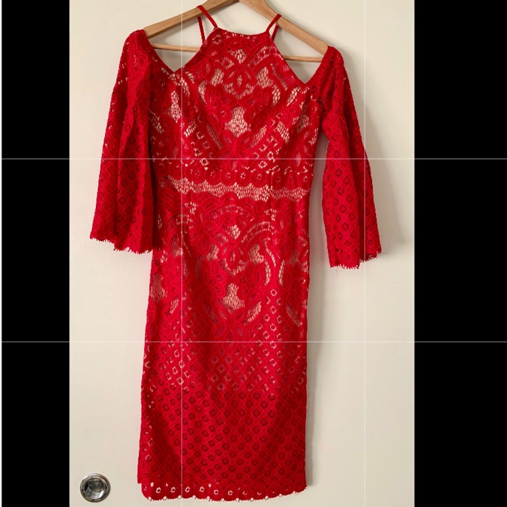 Red Lace Dress with open back and shoulder